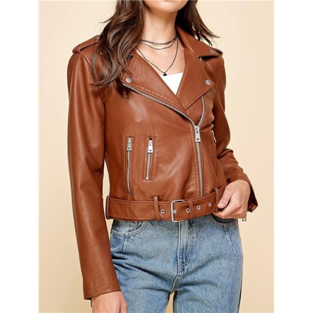 Slim Fit Stylish Vegan Leather Moto Jacket Orange - Picture 4 of 5